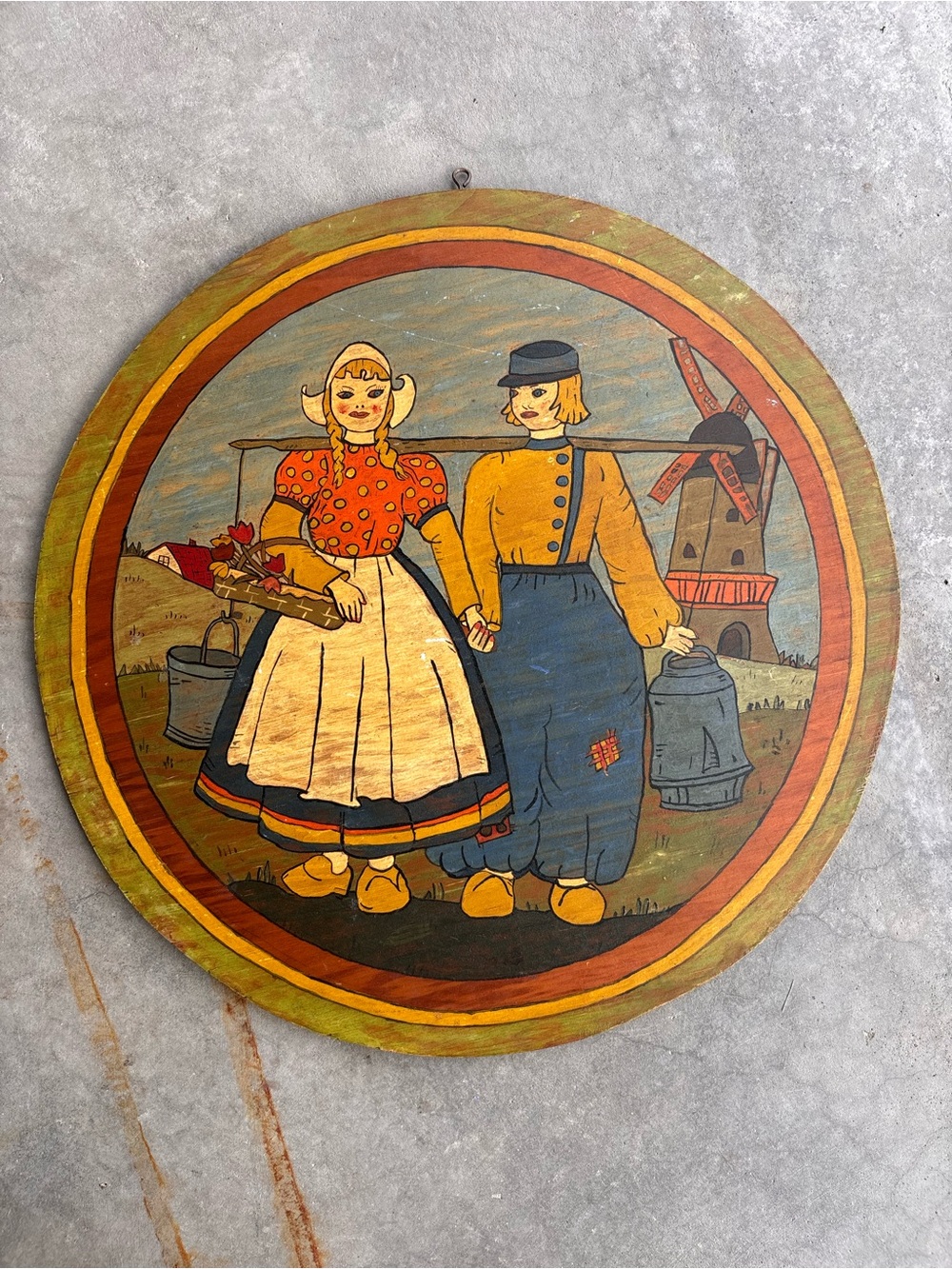 Vintage Hand Painted Dutch Folk Art Wall Plaque Wooden Windmill Cottagecore